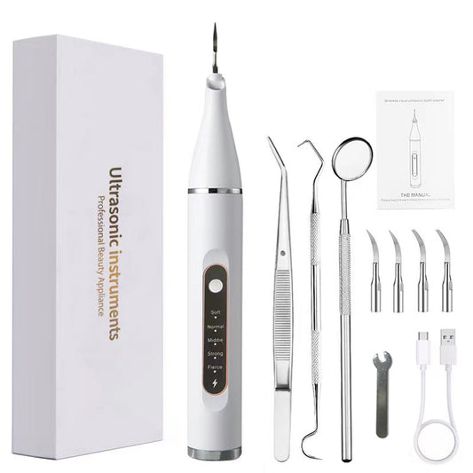 Professional Ultrasonic Dental Scaler & Calculus Remover Kit - 5 Modes, LED Light, IPX7 Waterproof(White + dental 5-piece set)