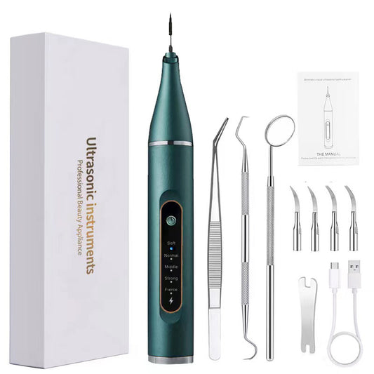 Professional Ultrasonic Dental Scaler & Calculus Remover Kit - 5 Modes, LED Light, IPX7 Waterproof(Dark green + dental 5-piece set)